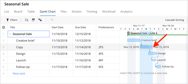 Wrike'ta bir Gantt grafiği için son tarih işaretçisini sürükleyin.