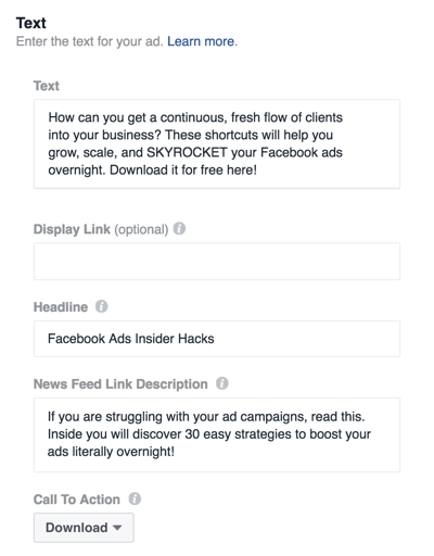 Facebook reklamınızı oluşturmak için ayrıntıları doldurun.