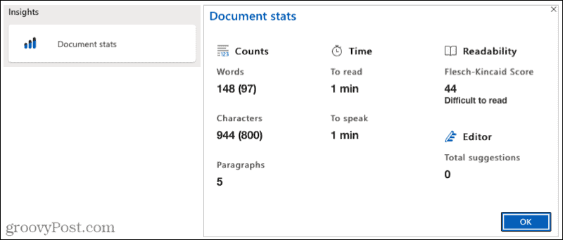 Microsoft Düzenleyici Belge İstatistikleri