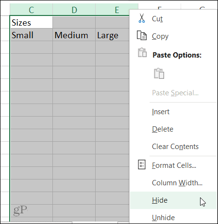 Windows'ta Excel'de Sütun Kısayolunu Gizle