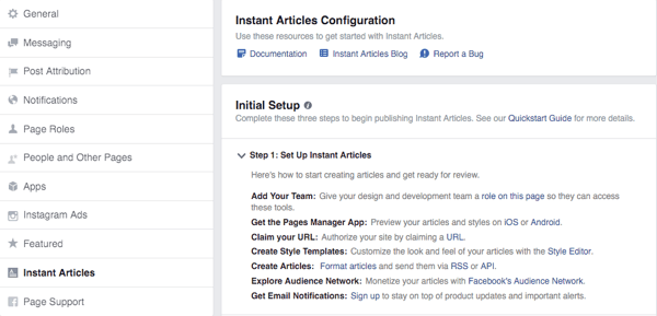 facebook anlık makaleler yapılandırma ekranı