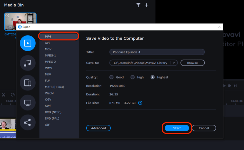 Movavi Video Editor Plus'ta video dosyasını dışa aktarın