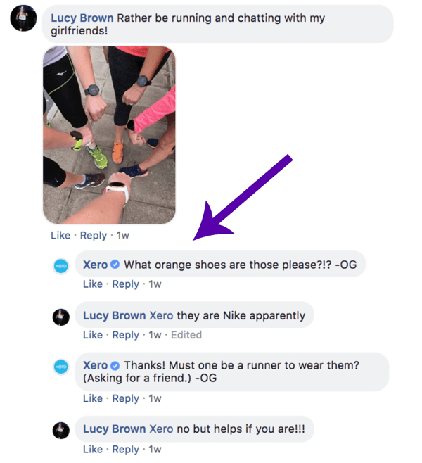 Bir Facebook gönderisine yorum yapan Xero örneği.