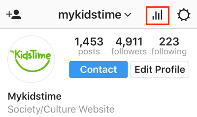 Instagram uygulamasından Instagram Insights'a erişmek için çubuk grafik simgesine dokunun.