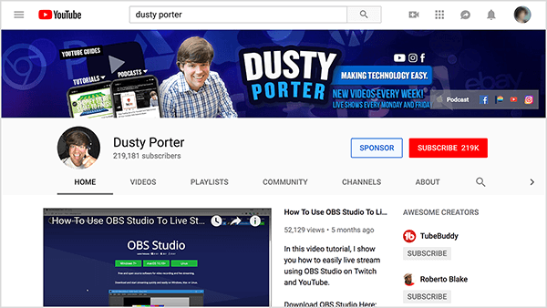 Dusty Porter’ın YouTube kanalında, omuzlarından yukarısı Dusty