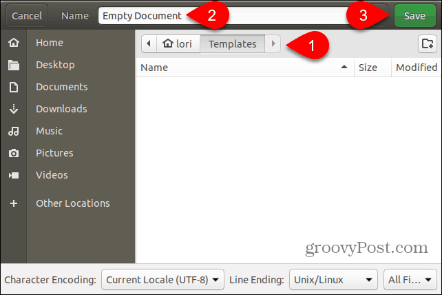 Boş Belge şablon dosyasını Ubuntu'daki Şablonlar klasörüne kaydedin