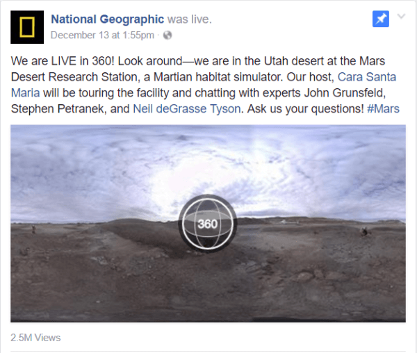 Facebook, Utah'daki Mars Desert Research Station tesisinden bir National Geographic raporu ile bu hafta Live 360 ​​videosunu yayınladı.