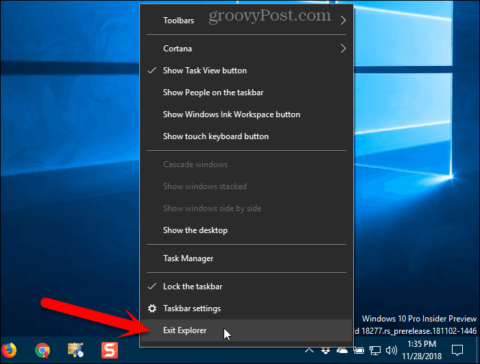 Windows 10'daki Görev Çubuğu bağlam menüsünden Explorer'dan Çık'ı seçin