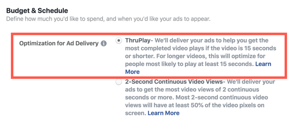 Video reklamlar için Facebook ThruPlay Optimizasyonu, 2. adım.