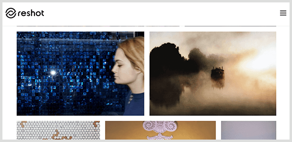 Reshot, küratörlü resimlere sahip bir stok fotoğraf sitesidir. Reshot web sitesindeki fotoğraf kitaplığının ekran görüntüsü, yanardöner mavi çini önünde sarı saçlı beyaz kadın profili ve kontrast ağaçların bulunduğu sisli bir manzara içeriyor.