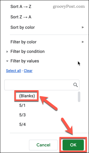 Google E-Tablolar'da boşlukları filtreleme