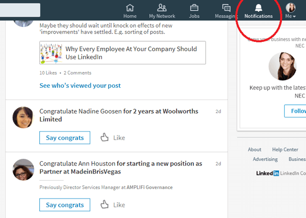 Bildirimler simgesini tıkladığınızda, LinkedIn yakın zamanda özel bir durum yaşamış olan bağlantıları görüntüler.