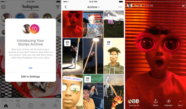 Instagram'ın yeni Hikaye Arşivi, süresi dolmuş Hikayeleri otomatik olarak bir profilin özel bir bölümüne kaydeder.