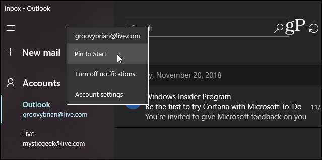 Windows 10'u Başlat Posta uygulamasını sabitleme