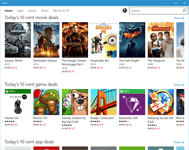 Microsoft Uygulamalar, Müzik, Oyunlar ve Filmler için 10 Cent Fırsatı Sunuyor
