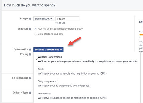 facebook reklam dönüşüm optimizasyonu seçimi