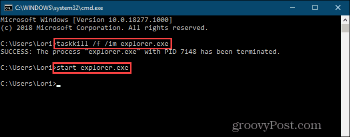 Explorer.exe işlemini öldürün ve Windows 10'daki komut satırında yeniden başlatın