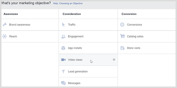 Facebook Ads Manager, Facebook'u video izleyen kişileri hedeflemeye yönlendiren bir video görüntüleme hedefine sahiptir.