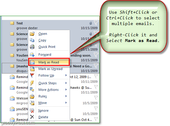 Outlook Office 2010'da birden çok e-posta seçin ve birden çok e-postayı okundu veya okunmadı olarak işaretleyin