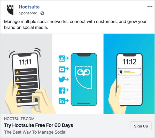 Hootsuite Facebook reklamındaki mesajlar net ve özlüdür. 