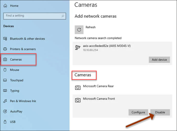 Windows 10 ayarları kamerası