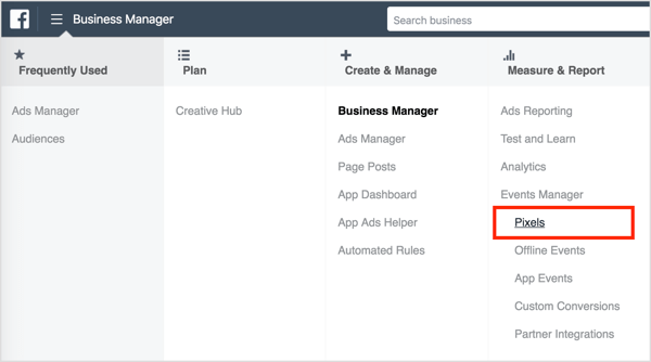 Facebook pikselini yüklemek için Business Manager'ı açın ve Pikseller'i seçin. 