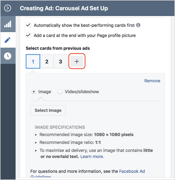 Facebook atlıkarınca reklamınıza bir kart eklemek için + simgesini tıklayın.