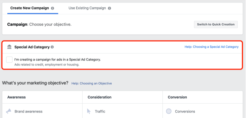 Reklam Yöneticisi'nde Facebook Özel Reklam Kategorisi onay kutusu
