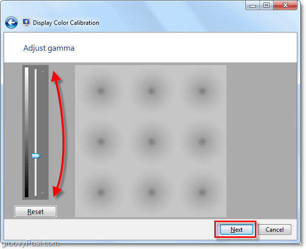 önceki Windows 7 sayfasındaki görüntüyü eşleştirmek için gama yukarı ve aşağı taşımak için kaydırma çubuklarını kullanın