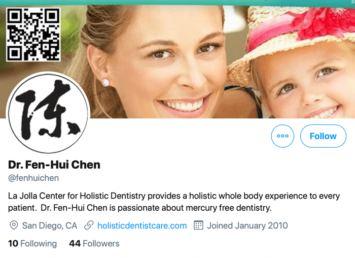 @fenhuichen için, iletişim bilgilerinin ve randevu rezervasyonunun mevcut olduğu web sitesine bir bağlantı içeren twitter profilinin ekran görüntüsü