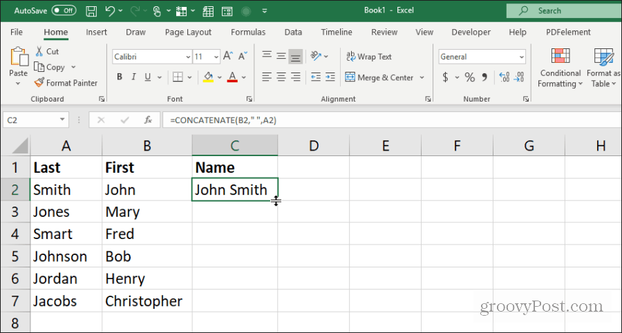 Excel'de adlar için bitiştir kullanarak