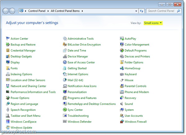 Windows 7 kontrol panelini otomatik olarak küçük simgeler görünümünde