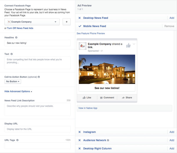 facebook tuval reklam yayınlama seçenekleri
