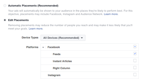 Facebook reklamınız için yerleşimi seçin.