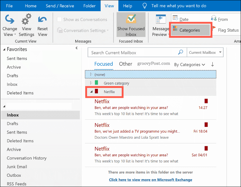 Outlook'ta renk kategorisine göre sıralanmış e-postalar