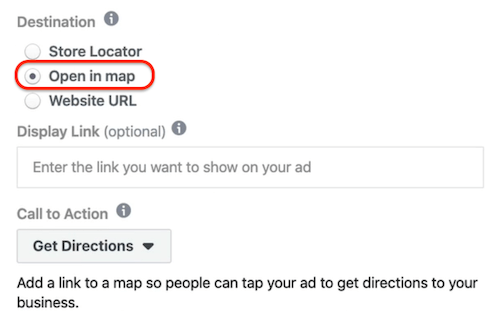 Facebook Reklam Yöneticisi'nde reklam düzeyinde seçilen Haritada Aç seçeneği