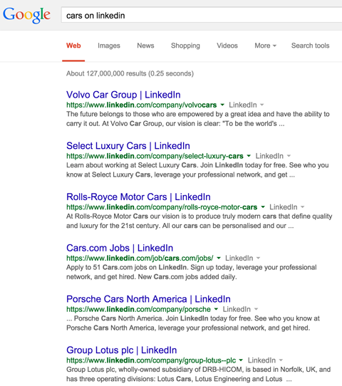 linkedin şirket sayfası, linkedin'deki arabalar için google arama sonuçlarında sonuçlanır