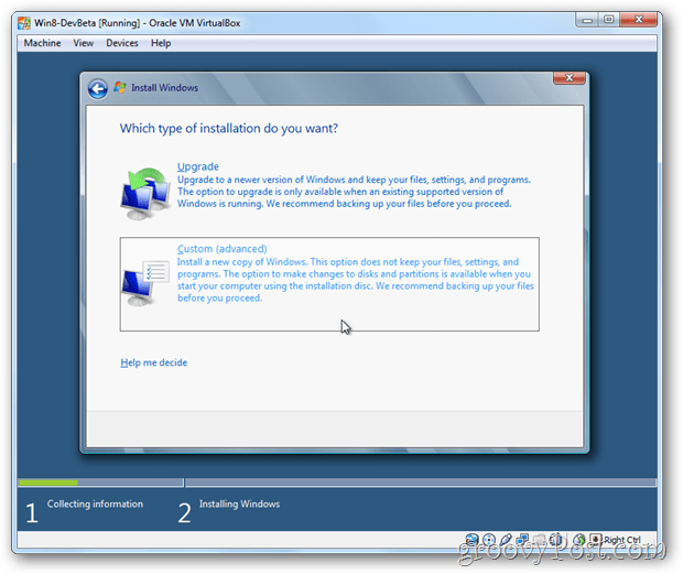 VirtualBox Windows 8 özel kurulum seç