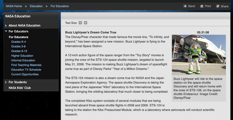 Uzaydaki Buzz Lightyear oyuncağı hakkında NASA makalesi