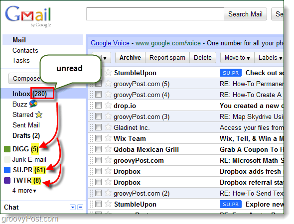 gmail'de çok sayıda okunmamış e-posta