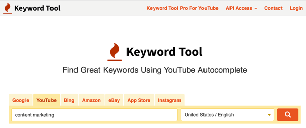 Anahtar Kelime Aracı, YouTube sekmesi 1. adımında anahtar kelimeleri araştırın.