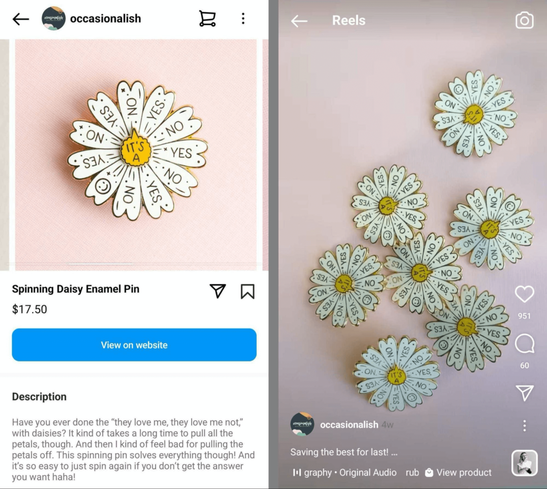 aynı ürünün bir Instagram mağazasındaki ve Instagram makarasındaki görüntüsü