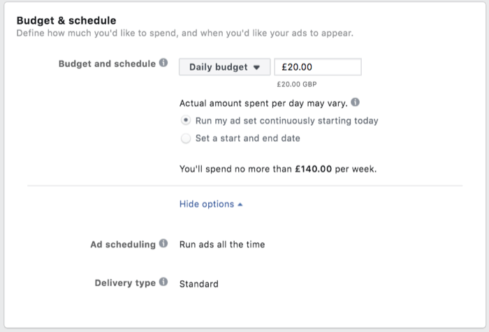 Günlük ~ 24 ABD doları tutarında bir günlük bütçeyle bütçe ve zaman planlaması için menü seçenekleri ve reklam grubunu sürekli olarak çalıştırma seçeneği