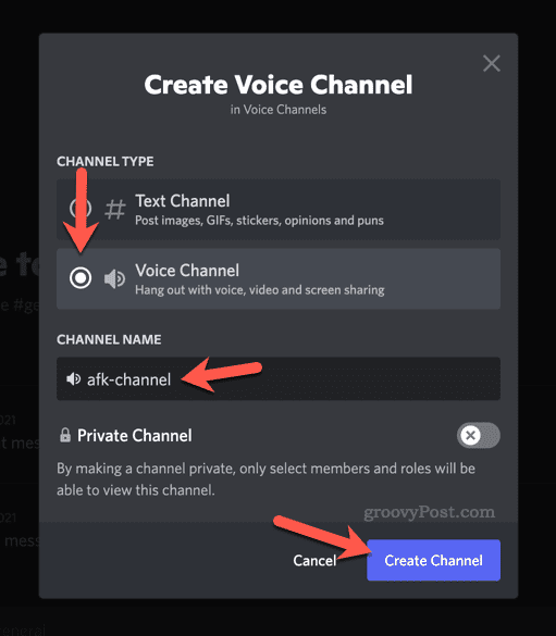 Discord'da yeni bir ses kanalı için seçenekleri ayarlama