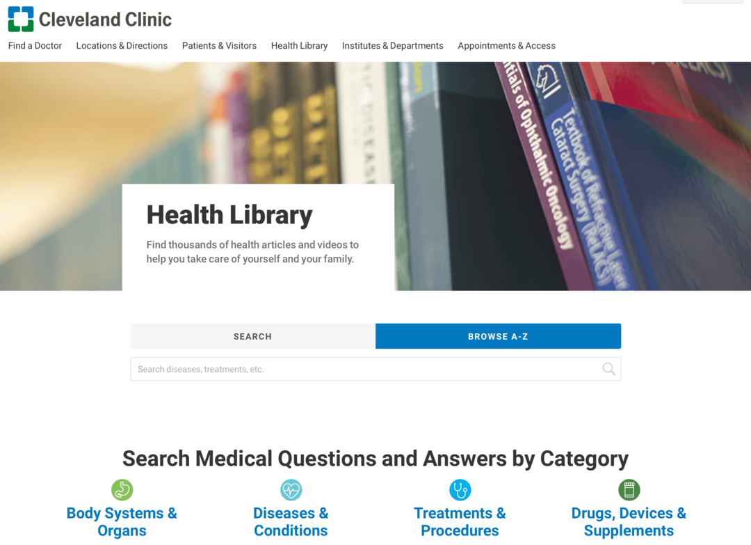 Cleveland Clinic Sağlık Kütüphanesi web sitesinin görüntüsü