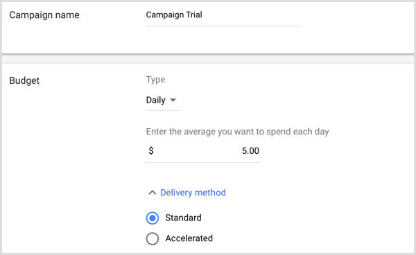 Google AdWords'e kampanya adı ve bütçe ekleyin.