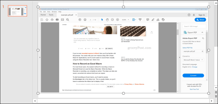 PowerPoint'e eklenen bir PDF dosyasının ekran görüntüsü