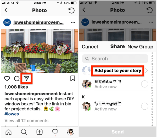 Instagram hikayenize genel bir gönderi eklemek için gönderiyi açın, görüntünün altındaki uçak simgesine dokunun ve ardından açılır menüden Hikayenize Gönderi Ekle'yi seçin.