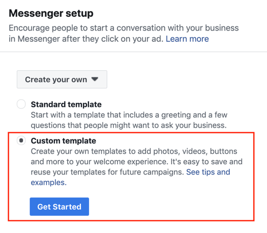 Facebook Messenger reklamları için tıklayın, 3. adım.