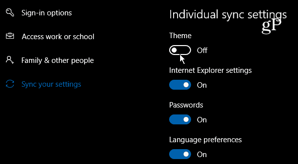 Windows 10 Bireysel senkronizasyon ayarları